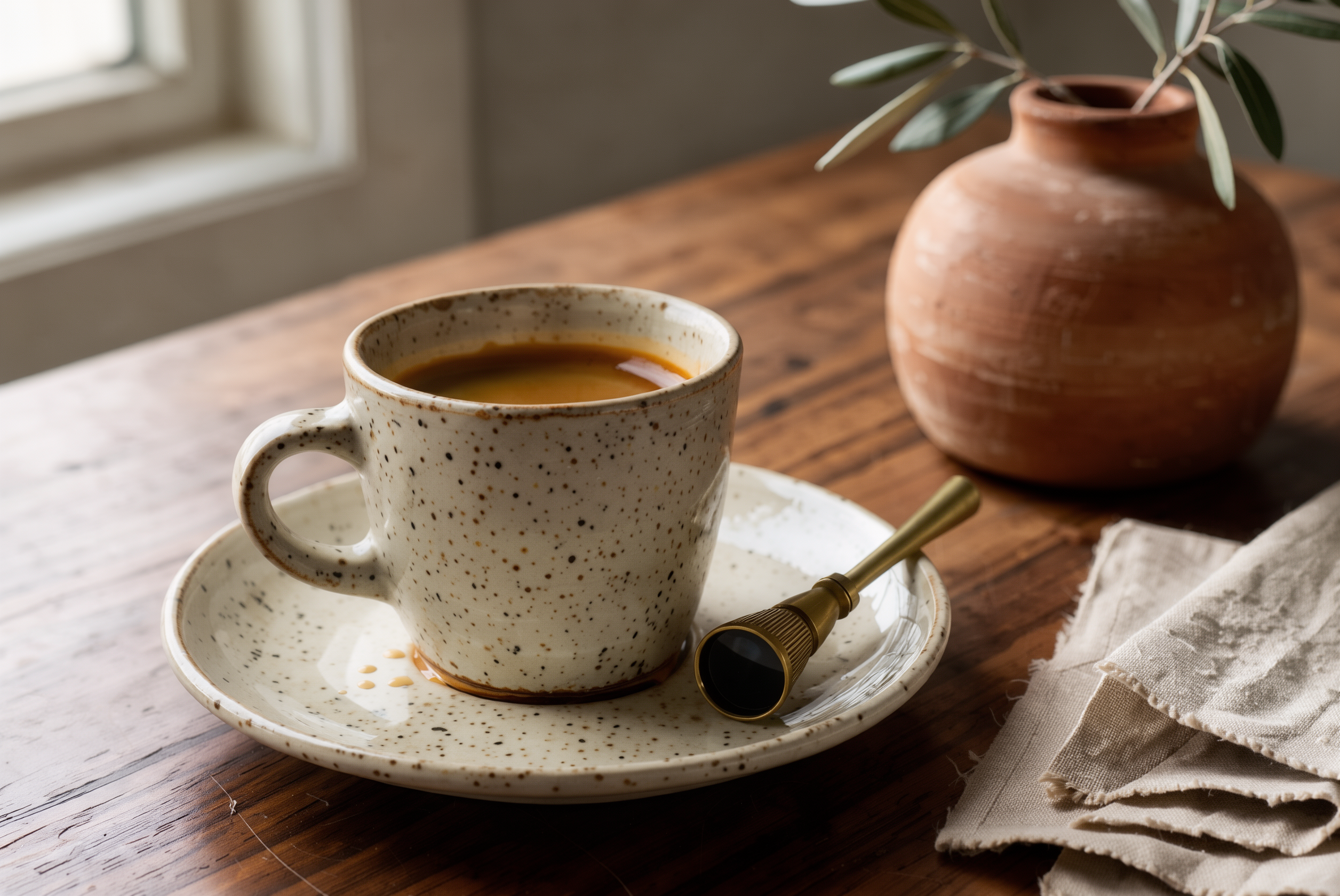 Randare FLUX 3 Klein la 2K: o ceașcă de espresso din ceramică pătată pe un birou din nuc, în lumina dimineții