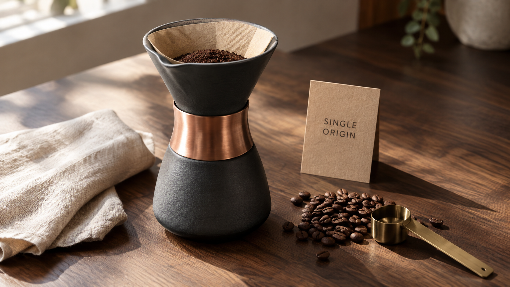 GPT Image 2.5 Flare render of a charcoal ceramic pour-over coffee brewer still life with a kraft card reading Single Origin