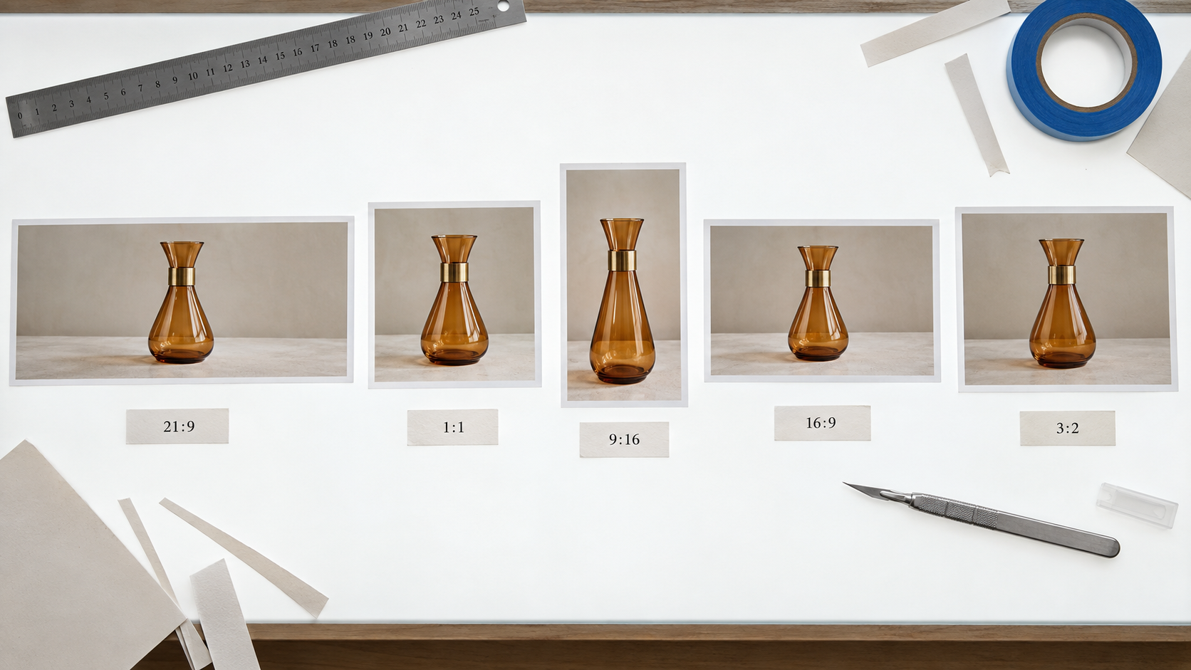 Five prints of the same amber carafe trimmed to different proportions on a light table with paper tags reading 21:9, 1:1, 9:16, 16:9 and 3:2