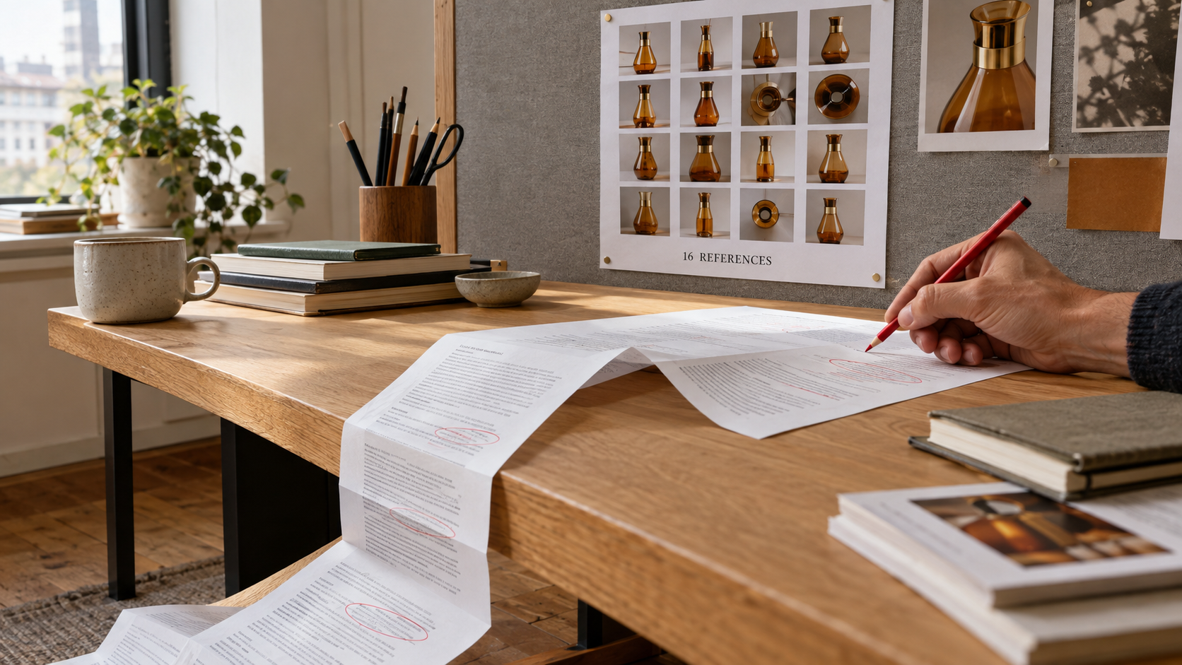 An art director's desk with a long fan folded printed brief and a pinned four by four contact sheet labelled 16 REFERENCES