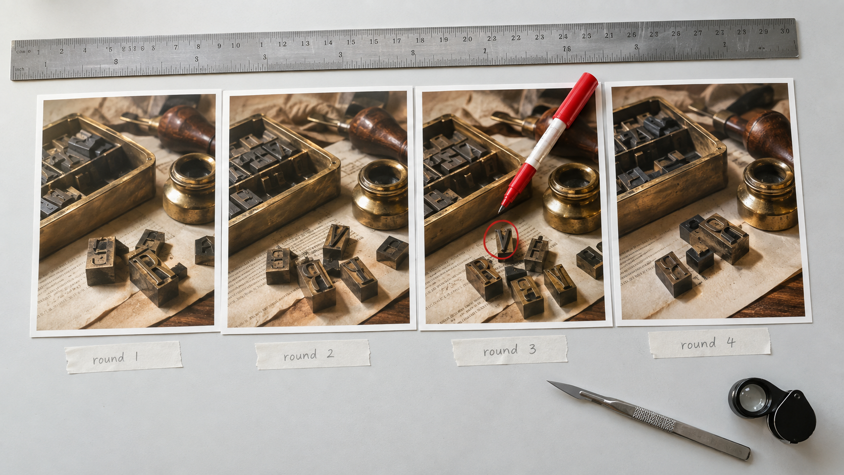Planșă de contact cu patru printuri ale aceleiași naturi statice, etichetate runda 1 până la runda 4, arătând consistența pe mai multe runde de editare