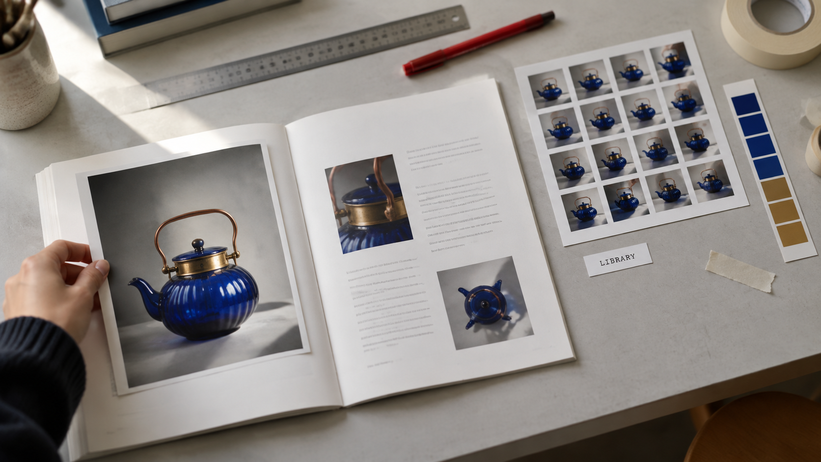 Mesa de dirección de arte con una maqueta de revista impresa, una hoja de contactos con miniaturas de la tetera, una tira de muestras de color y una etiqueta impresa que dice LIBRARY
