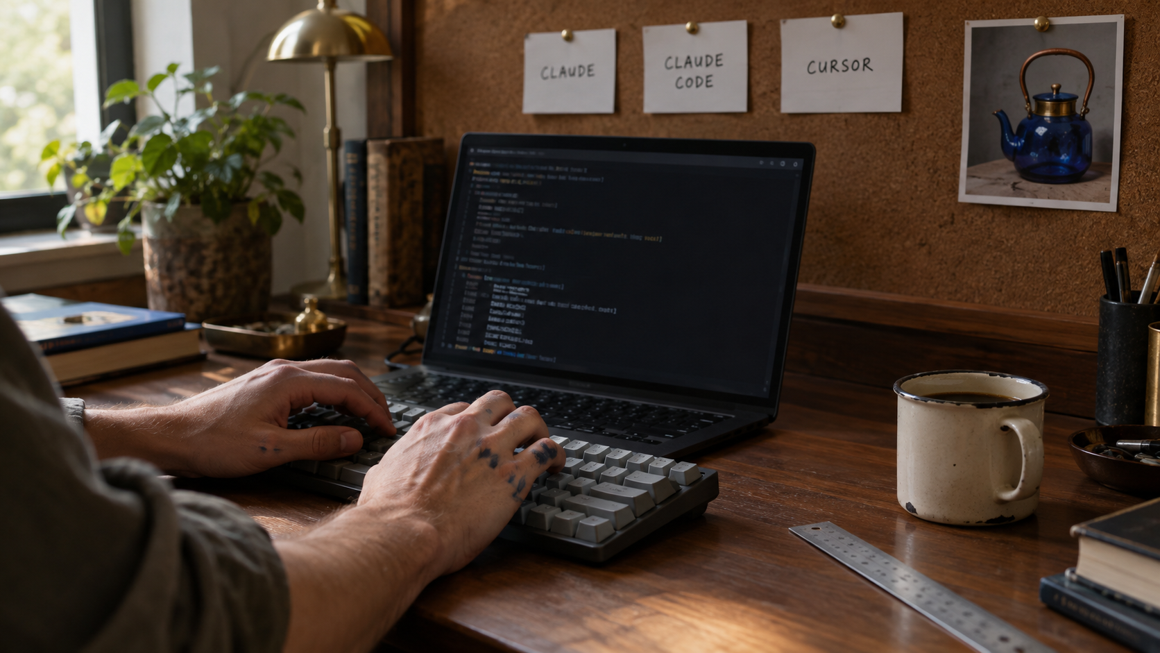 Manos sobre un teclado mecánico frente a un portátil con una terminal, con fichas escritas a mano que dicen CLAUDE, CLAUDE CODE y CURSOR clavadas en un tablero de corcho
