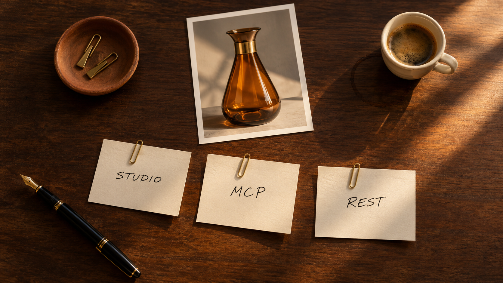 Three handwritten index cards reading STUDIO, MCP and REST laid on a walnut desk above a printed proof of the amber carafe