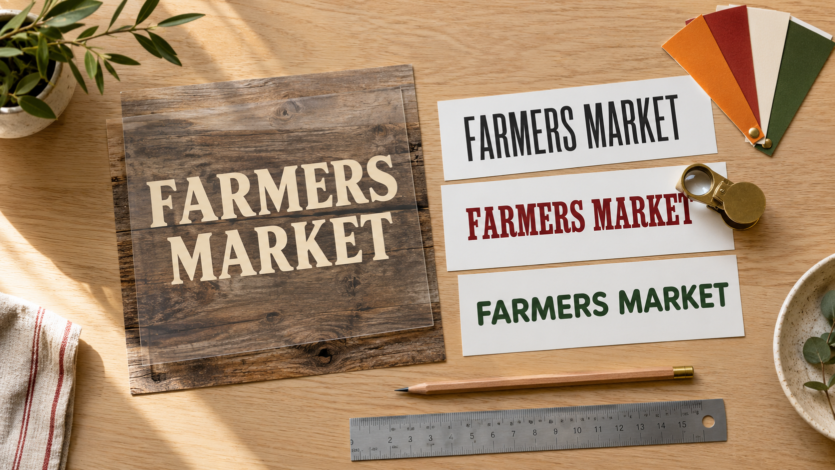 Mesa de luz de tipógrafo con una lámina transparente que dice FARMERS MARKET junto a tres pruebas impresas del mismo titular en distintas fuentes y colores, ilustrando las capas de texto editable de Layer Studio