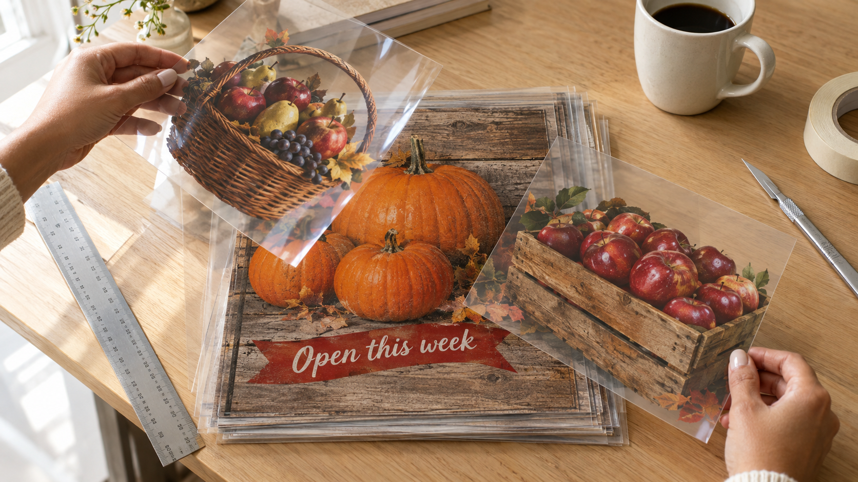 Manos de un diseñador levantando una lámina transparente con una cesta de fruta de un cartel de mercado agrícola hecho por capas y colocando en su lugar otra lámina con una caja de manzanas rojas, mostrando cómo Layer Studio sustituye una sola pieza de la imagen