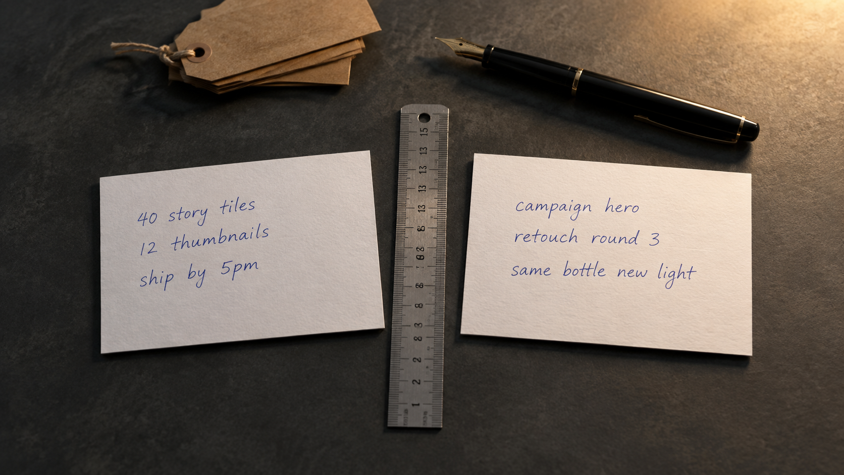 Two handwritten index cards on a studio bench, the left listing forty story tiles and twelve thumbnails, the right listing a campaign hero and retouch round three