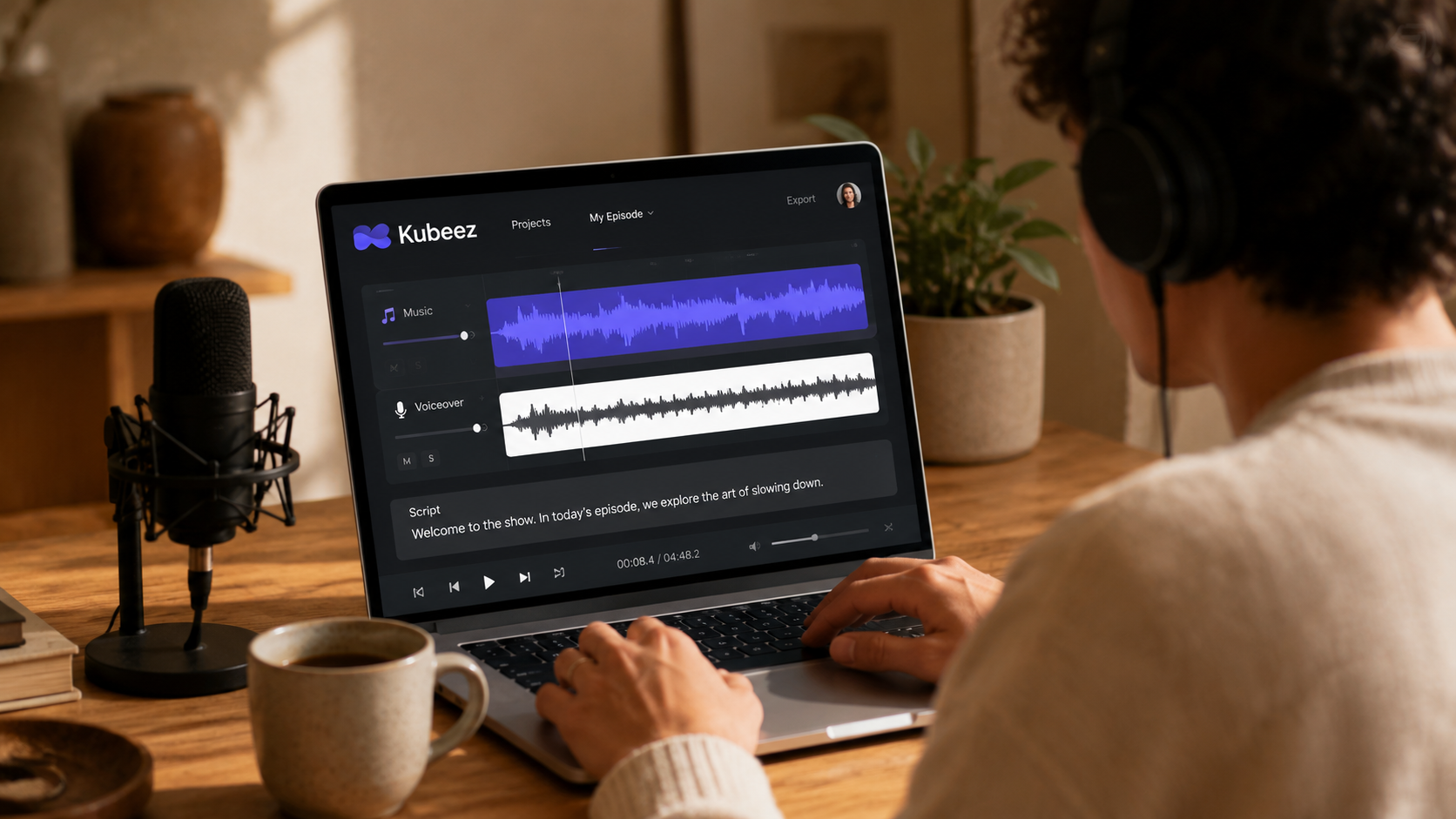 Un creador con auriculares en un escritorio de home studio, con el estudio de audio de Kubeez en la pantalla del portátil, mostrando una pista de música con forma de onda y una pista de voz en off, con el logotipo índigo de Kubeez con forma de onda K en la cabecera
