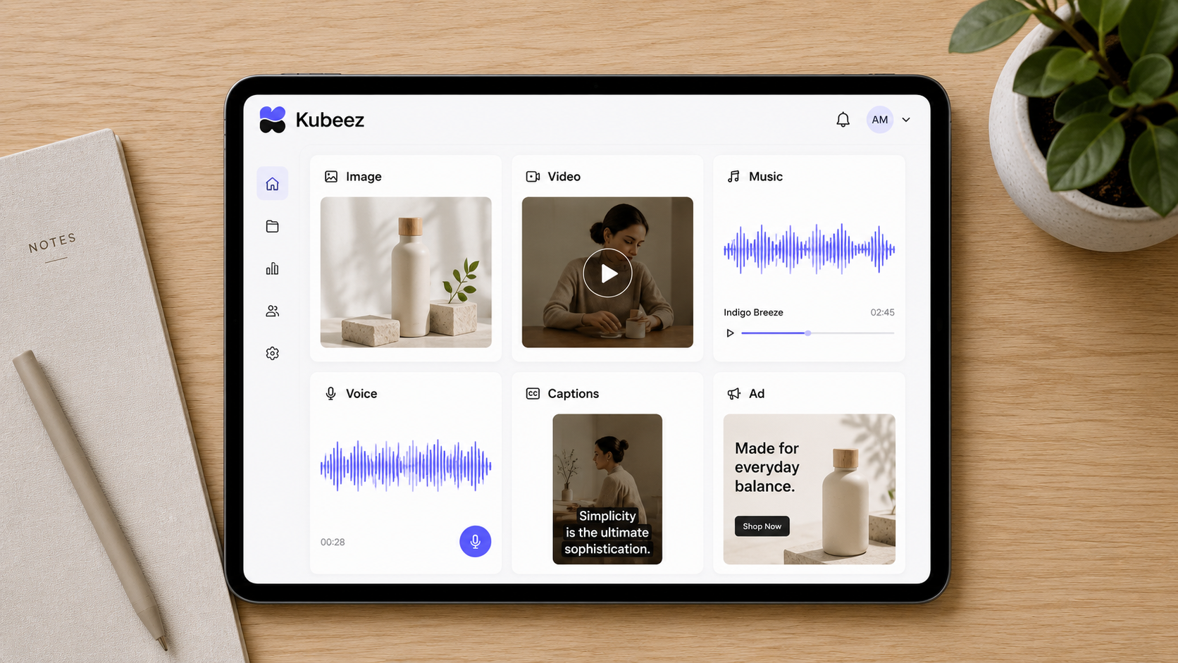A clean grid of finished Kubeez outputs: a product image, a video still, a music waveform, a captioned vertical clip, and an ad creative, each carrying the small indigo Kubeez K wave mark