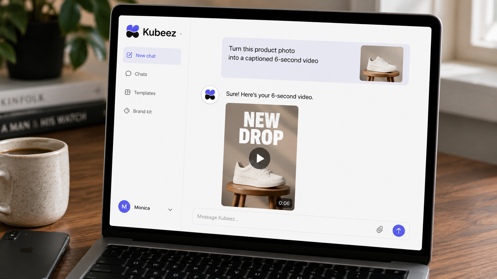 The Kubeez agent chat open on a creative professional's monitor, showing a typed request and generated image, video, and audio results appearing inline, with the indigo Kubeez K wave logo in the app header