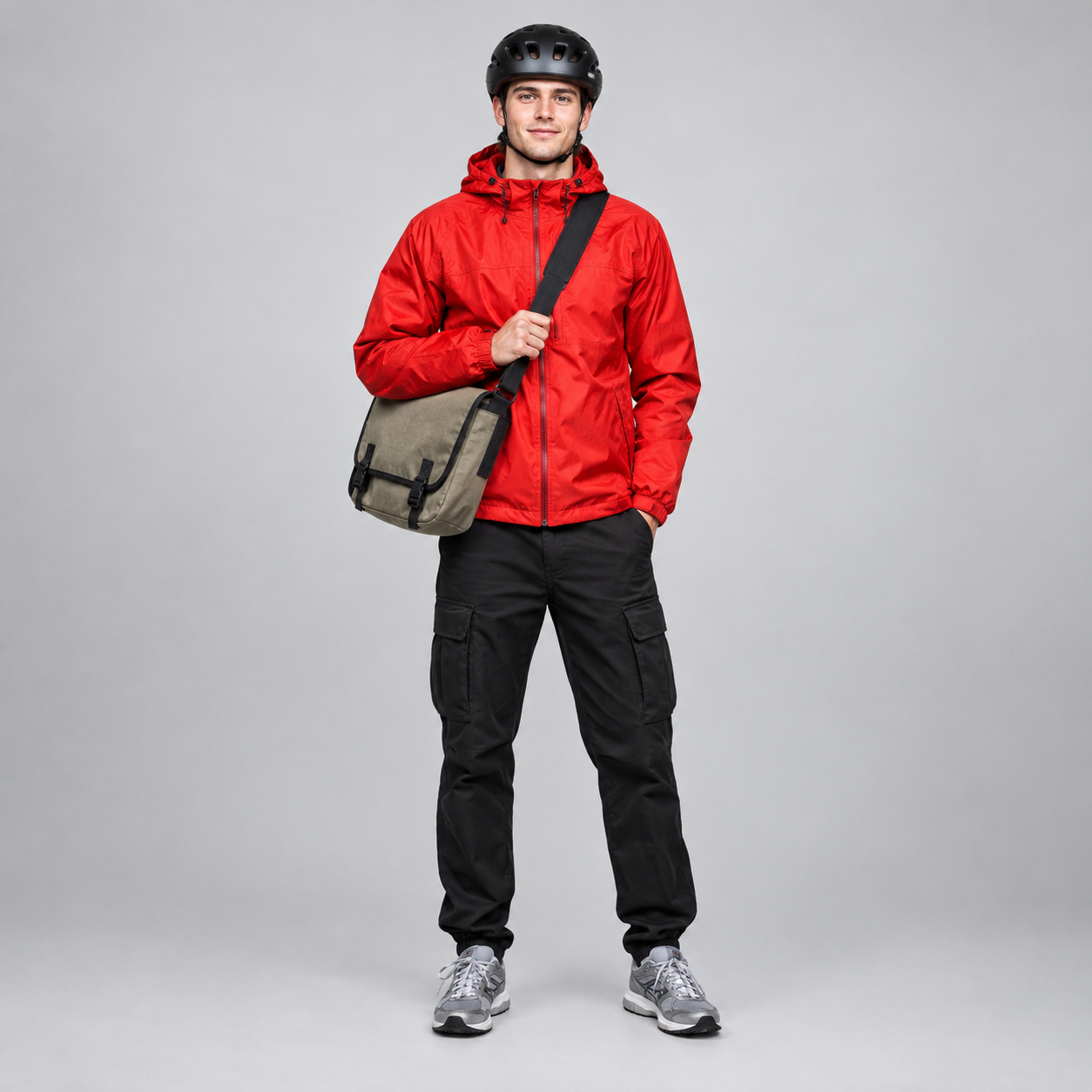 Reference image 1 for Kling 4.0: a smiling courier in a red jacket with a shoulder bag, used as @image_1