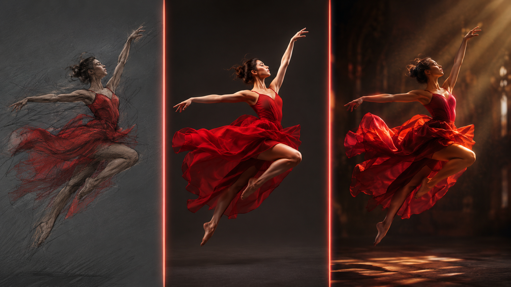 Three vertical lanes labeled Draft, Social and Cinematic showing the same character animation rendered at increasing levels of polish, representing fast-to-premium AI video tiers