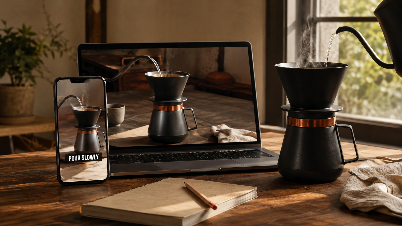 A phone in portrait orientation showing a 9:16 vertical video cut of a pour-over coffee brewer with burned-in white captions reading POUR SLOWLY, beside a laptop showing the same scene as a 16:9 widescreen cut