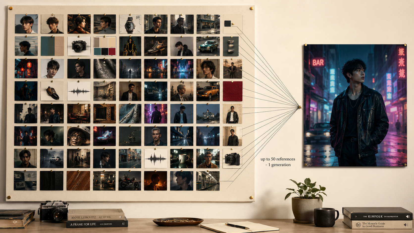 A pinboard of about fifty reference thumbnails, images, clips and audio waveforms, with lines converging into one finished cinematic output frame