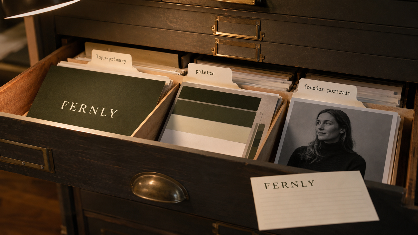 Un cajón de archivo abierto en un estudio de diseño con materiales de marca impresos tras pestañas etiquetadas que dicen logo-primary, palette y founder-portrait, con una lámina de logo verde oliva y una tira de muestras de color a la vista