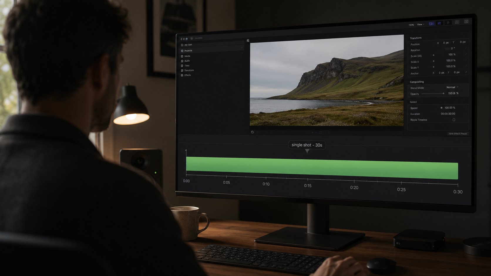 A video editing timeline showing one unbroken green clip running the full width, marked single shot, 30 seconds