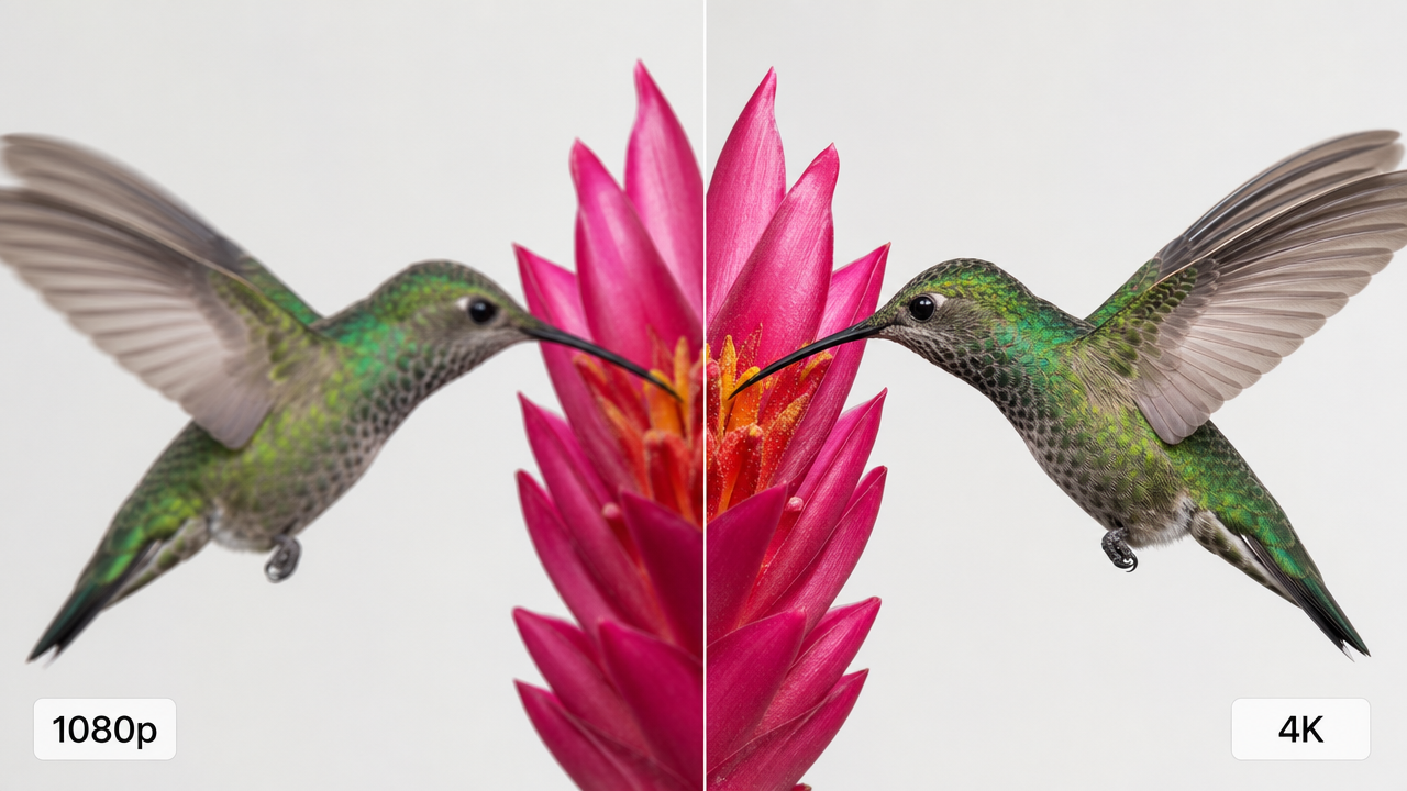 A side-by-side comparison frame of the same hummingbird at a flower, the left half softer and labelled 1080p, the right half razor-sharp native 4K detail labelled 4K