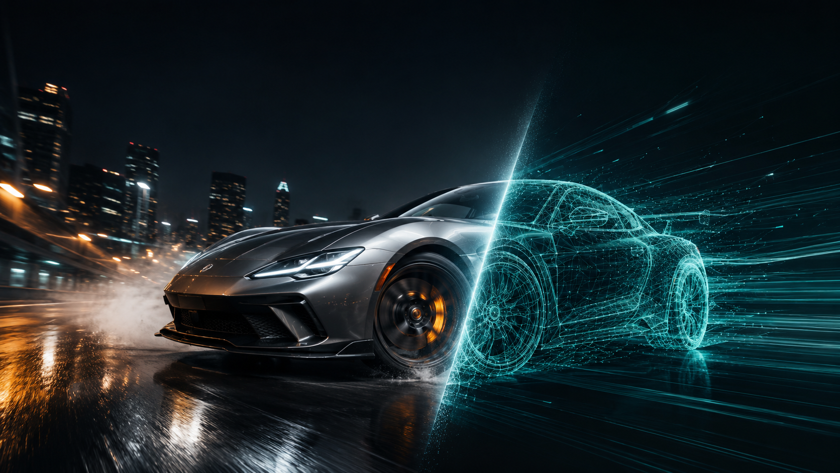 Kling 3.0 Turbo splits a single AI video frame into a sharp, fully rendered half and a fast wireframe half, illustrating speed-first generation