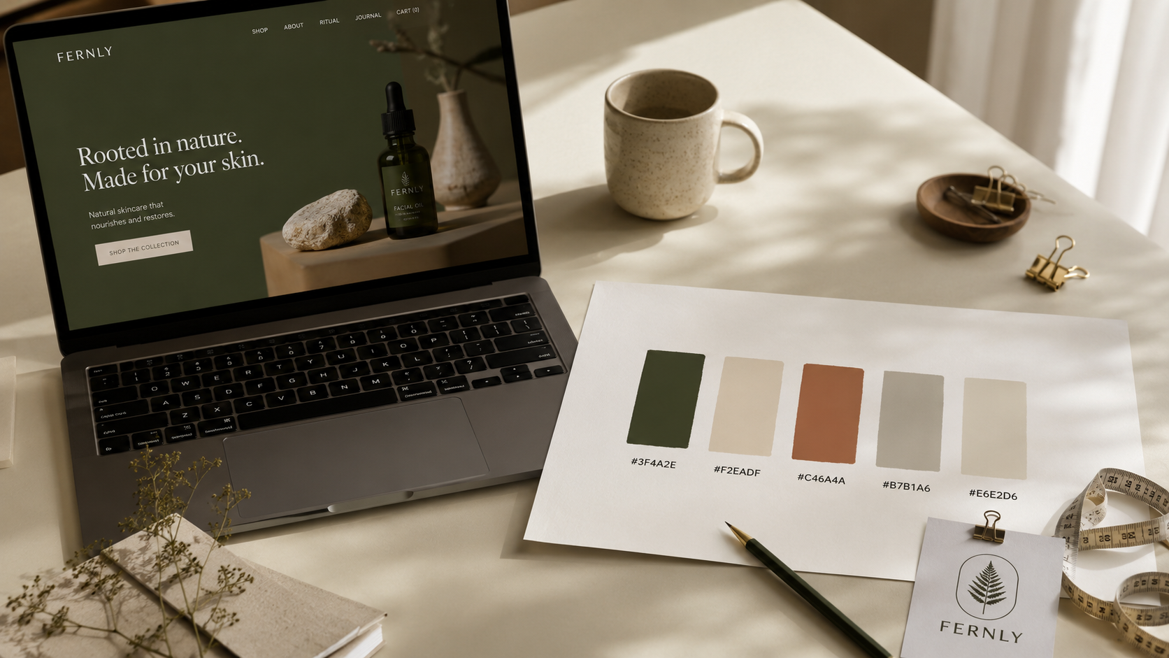 Una mesa de estudio de diseño vista desde arriba con un portátil abierto que muestra una web minimalista de cosmética en verde oliva, junto a una hoja de marca impresa con cinco muestras de color etiquetadas con códigos hexadecimales y una pequeña impresión del logo sujeta en la esquina