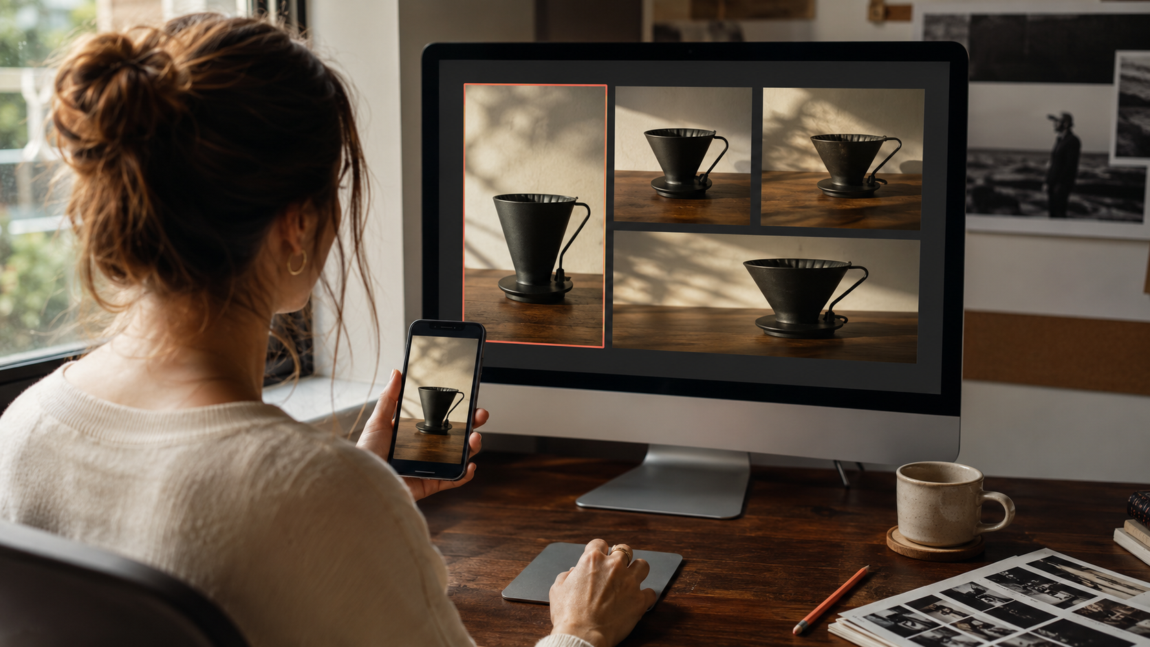 A marketer reviewing a grid of four differently sized social cuts of the same product shot on her monitor, one vertical cut selected, holding her own phone ready to post it herself