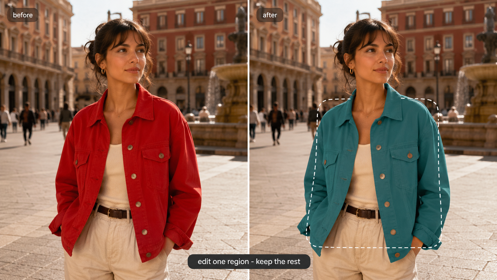 A before and after of the same woman in a plaza, identical except her jacket changes from red to teal inside a dashed selection box, captioned edit one region keep the rest