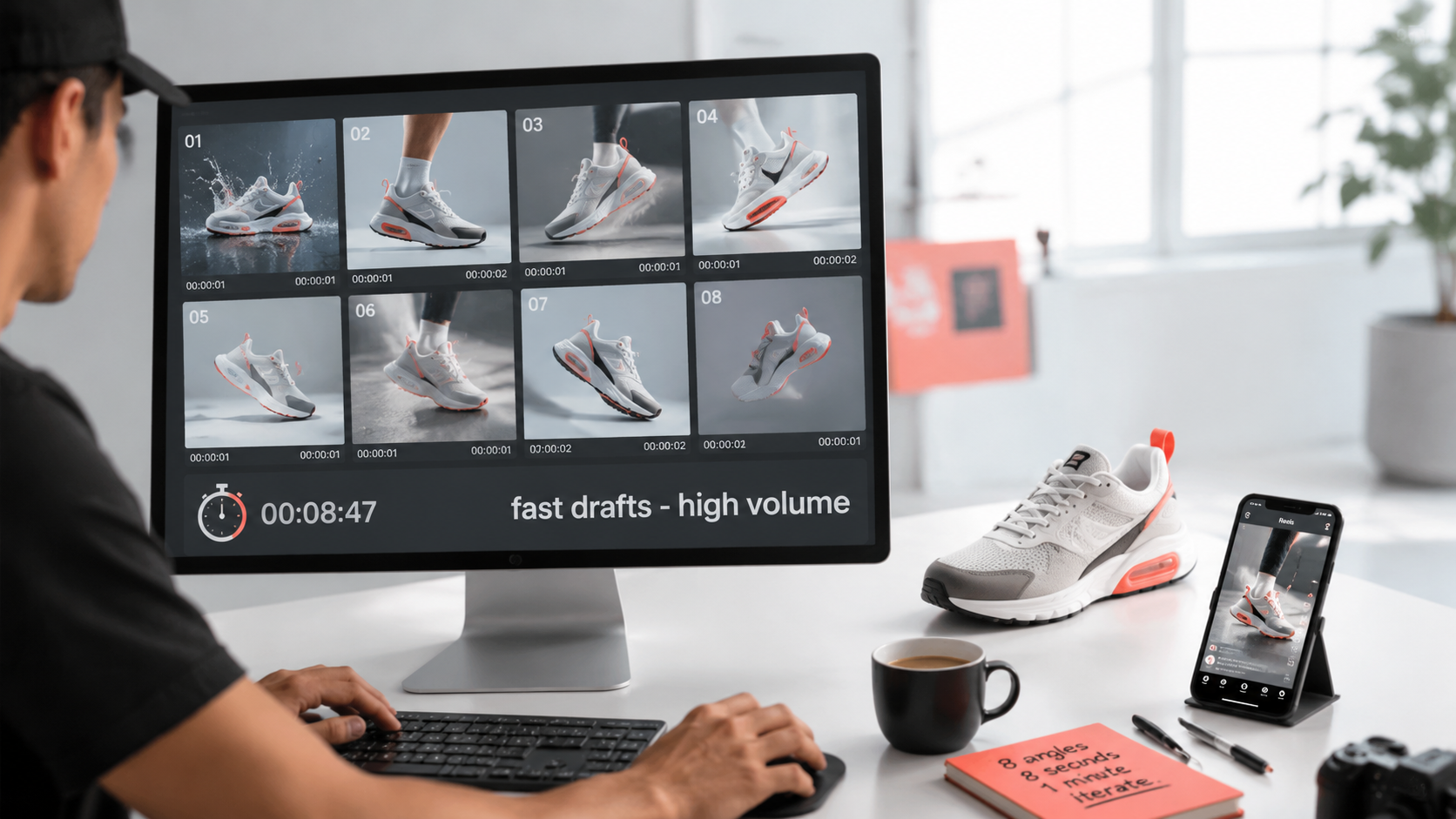 A creator iterating fast at a desk: a monitor shows a contact sheet of quick sneaker draft clips with a stopwatch, captioned fast drafts high volume, a real sneaker and phone on the desk