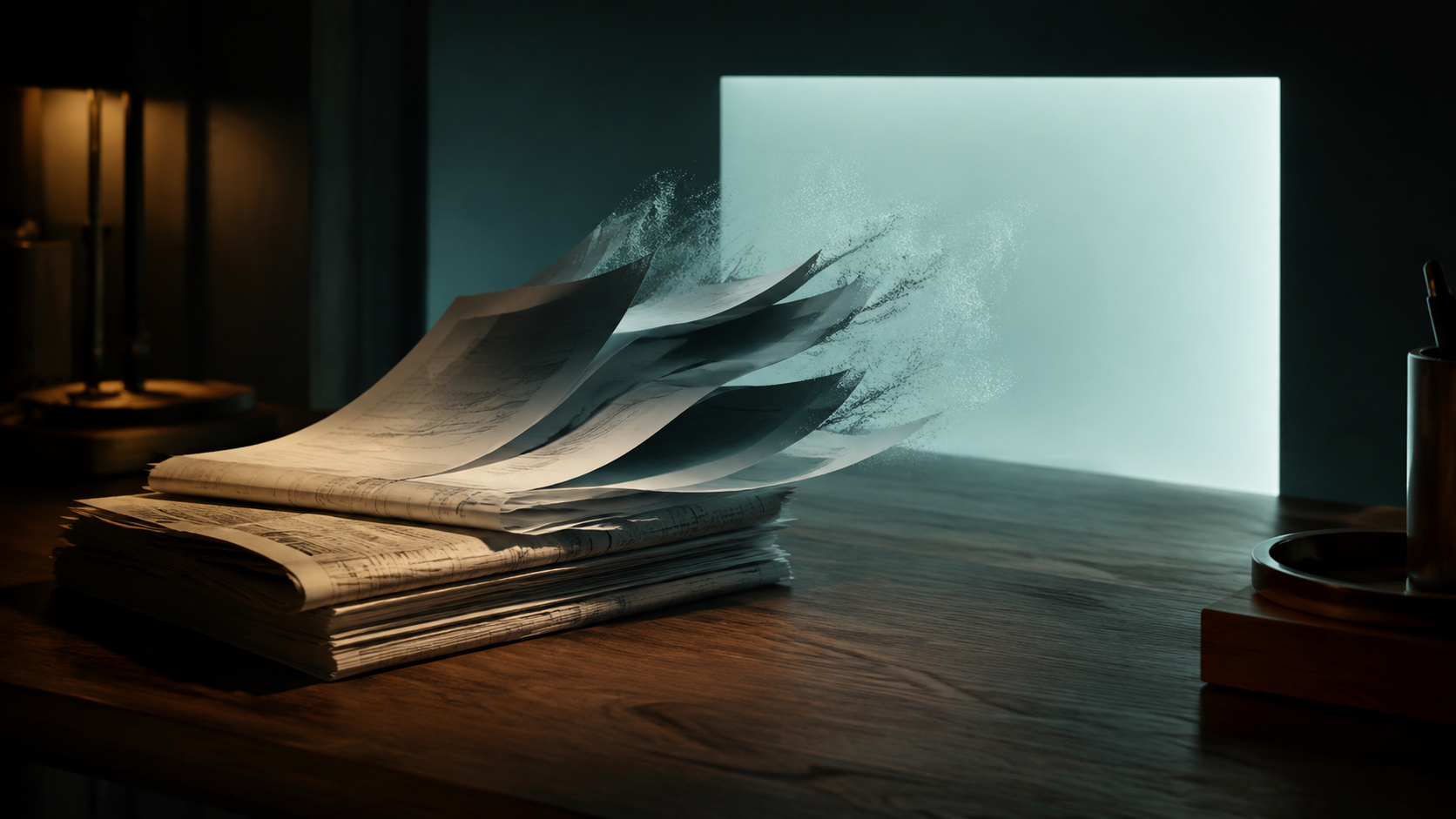 Una pila de páginas impresas sobre un escritorio oscuro, las hojas superiores levantándose y disolviéndose en un panel de luz