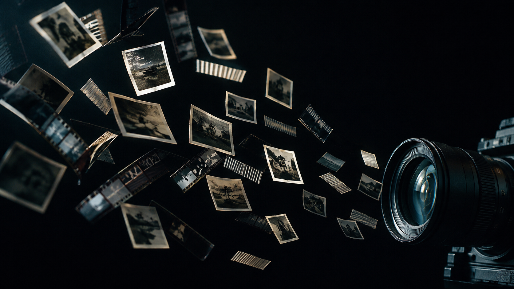 Decenas de fotografías pequeñas y tiras de película suspendidas en el aire oscuro, en espiral hacia un único objetivo de cine