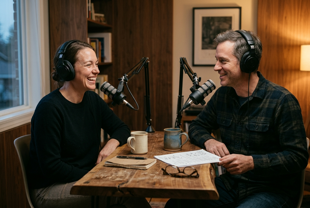 Two podcast hosts at a walnut table with microphones and headphones, one laughing mid-sentence, the kind of natural exchange Gemini 3.8 Flash TTS is built to voice