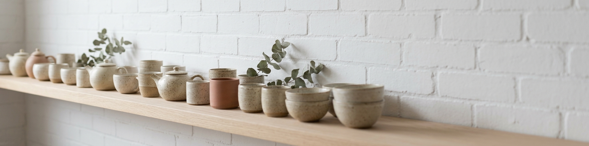 A 4:1 ultra-wide banner made with Nano Banana 2.1 showing a long oak shelf of hand-thrown speckled ceramic cups and teapots