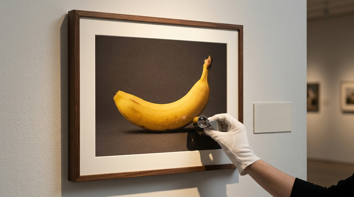 O banană prezentată ca un tablou încadrat, de calitate de muzeu, inspectat cu o lupă sub lumina galeriei, reprezentând precizia de print cu Nano Banana Pro