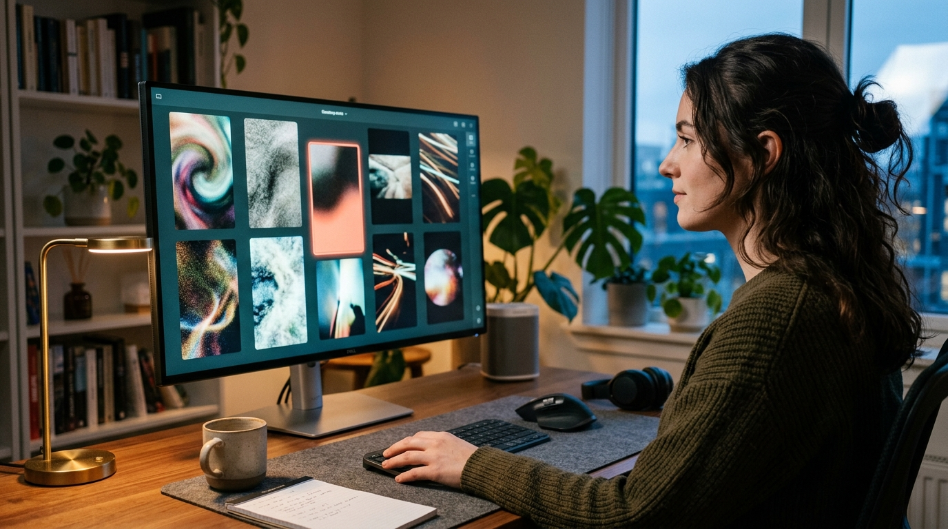 A creator at a desk scrubbing through a grid of nine short vertical AI video drafts on screen, with one clip selected and exported, conveying fast batch iteration