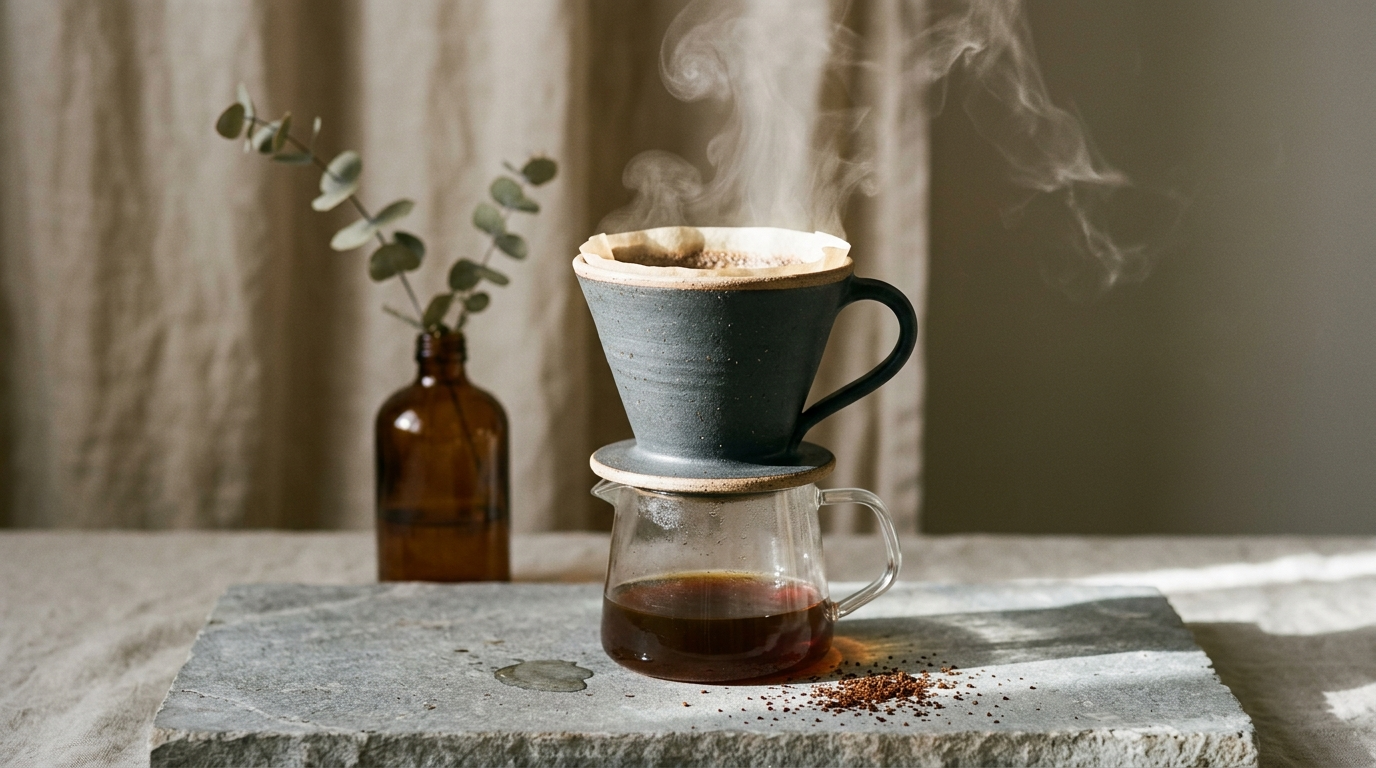 Foto de producto de una cafetera de goteo de gres mate generada con Nano Banana 2 en Kubeez, luz rasante sobre el grano de la arcilla