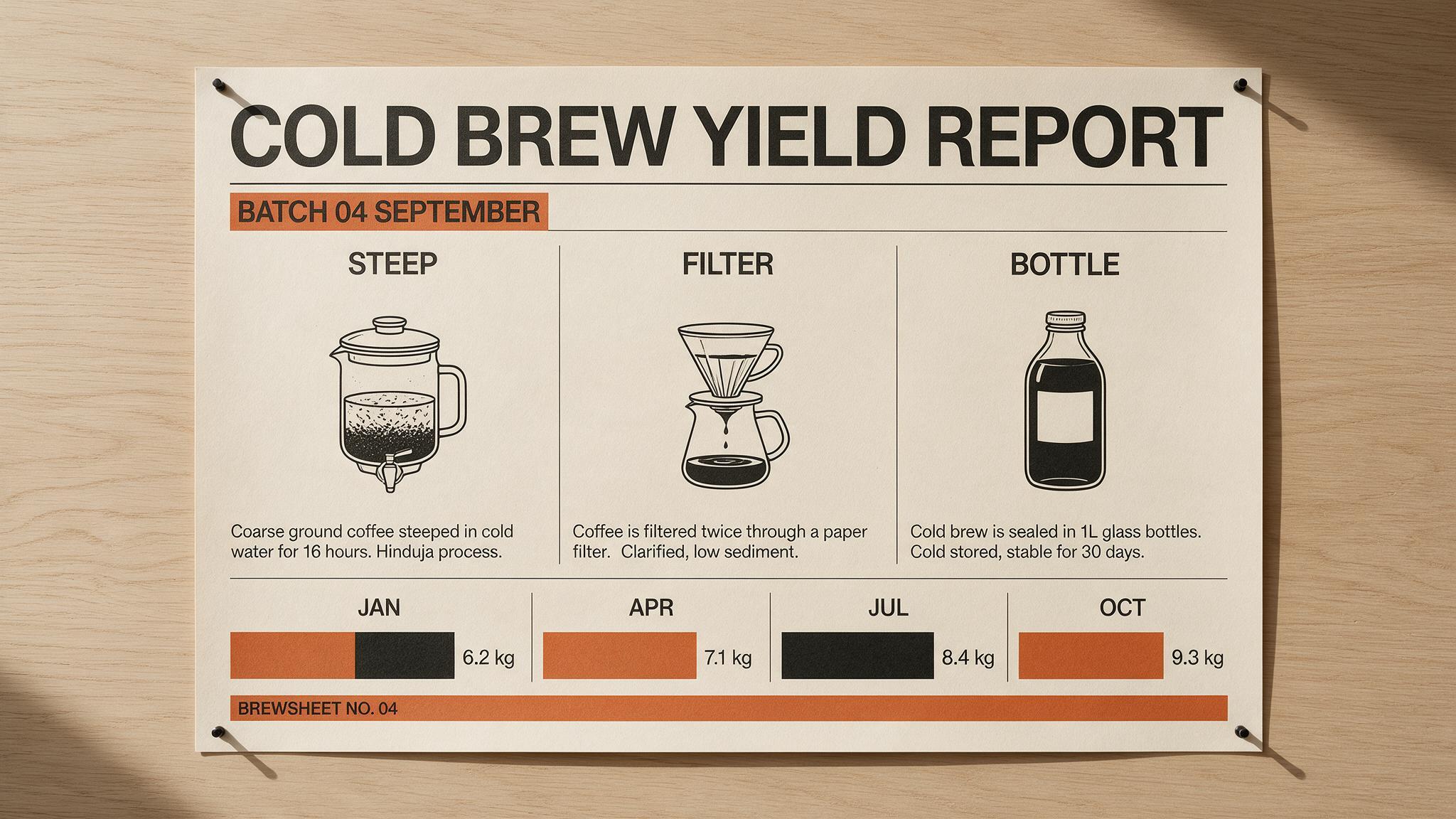 Același afiș infografic Cold Brew Yield Report randat de Seedream 5.0 Pro, prins pe un perete de lemn, cu bandă portocalie la subtitlu