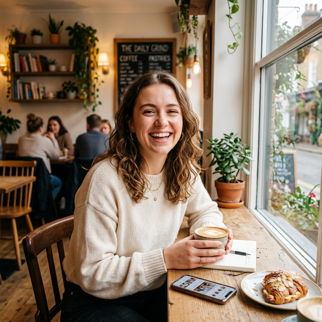 Exemplu reclamă socială Kling 2.6 - femeie în cafenea însorită cu sincronizare audio-vizuală